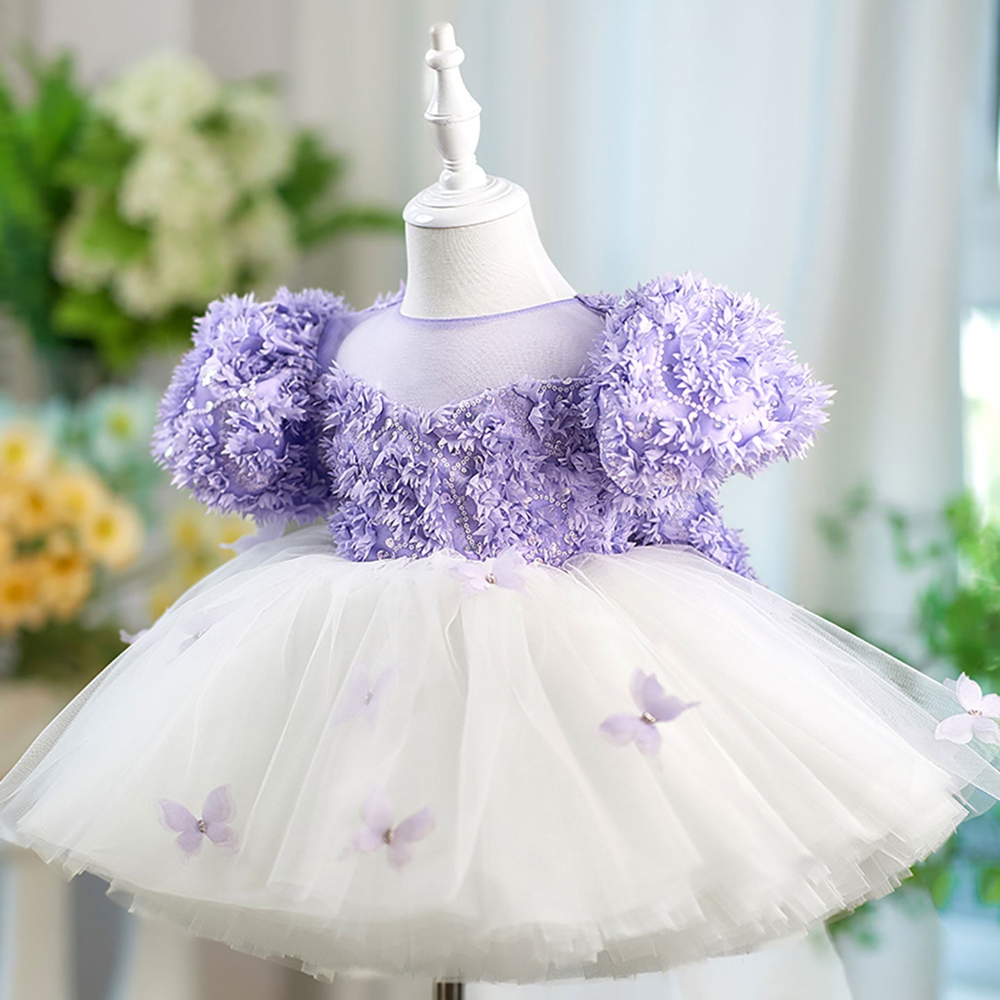 Butterfly Tulle Bowed Flower Girl Dress Knee-Length J554