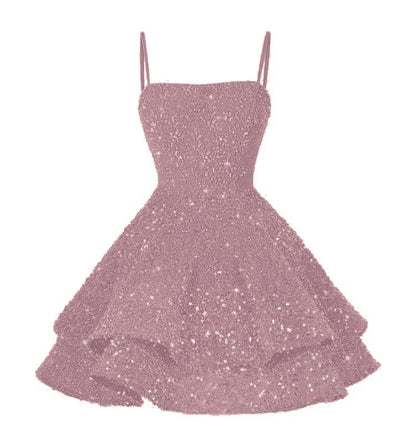 Glamorous Pink Spaghetti Strap Homecoming Dress Backless Sequins Prom Dress YO070