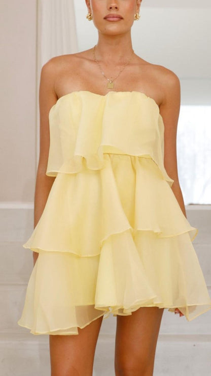 Cute A Line Strapless Yellow Tiered Organza Short Homecoming Birthday Dress Cocktail Dresses SH2903