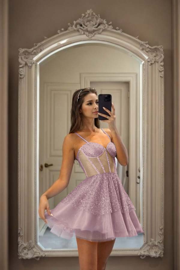 Hellodresses Sky Blue Spaghetti Strap Sweetheart Short Homecoming Dress With Sequins