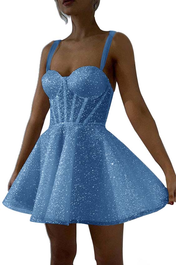 Hellodresses White Sequins Spaghetti Strap Sleeveless A Line Short Homecoming Dress