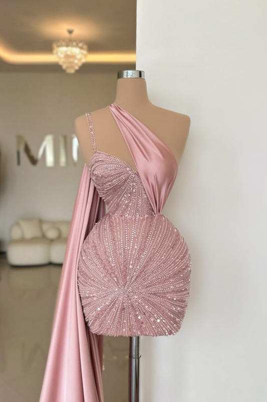 Refined Pink One Shoulder Homecoming Dress Mini with Beaded HC0152