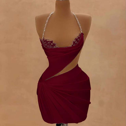 Halter Sleeveless Short Homecoming Dress With Beading Pleated HC0155