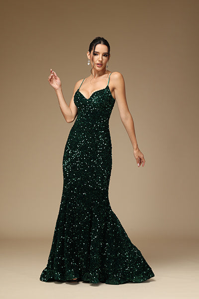 Spaghetti Straps Dark Green Prom Dress Long Sexy V-Neck Squins YX0018