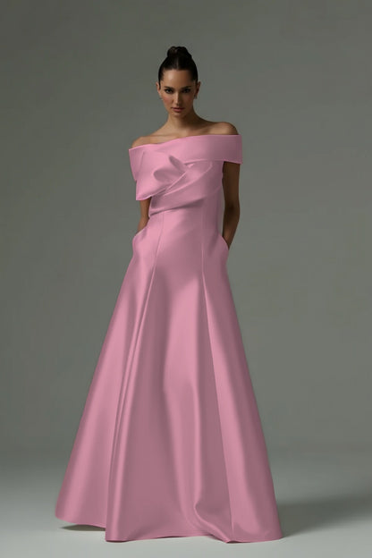 Off the Shoulder Sleeveless Long Prom Dress With Pleated Pocket ZT0773