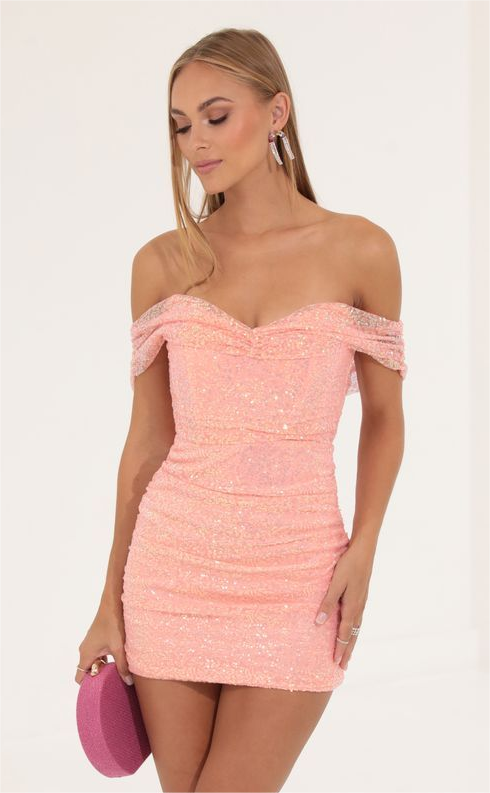 Tight Pink Sequins Off the Shoulder Strapless Pleated Short Homecoming Dress HC0010