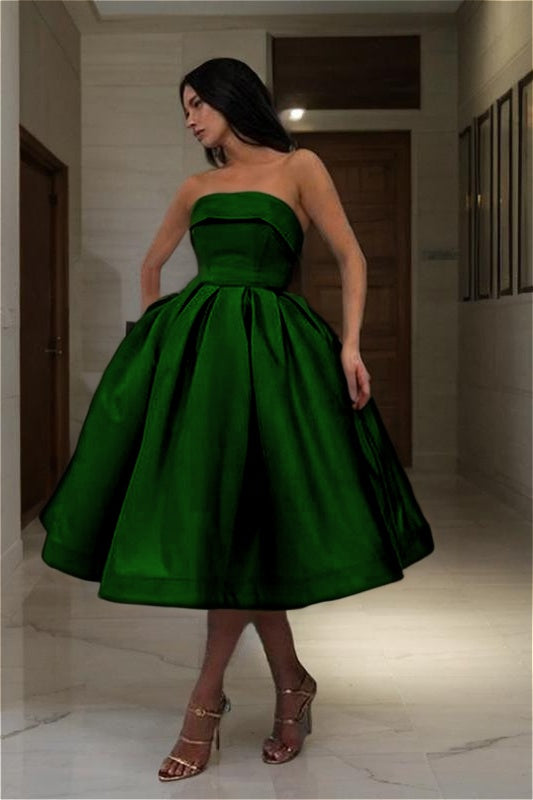 Charming Satin Strapless Sleeveless A Line Short Homecoming Dress with Pleated