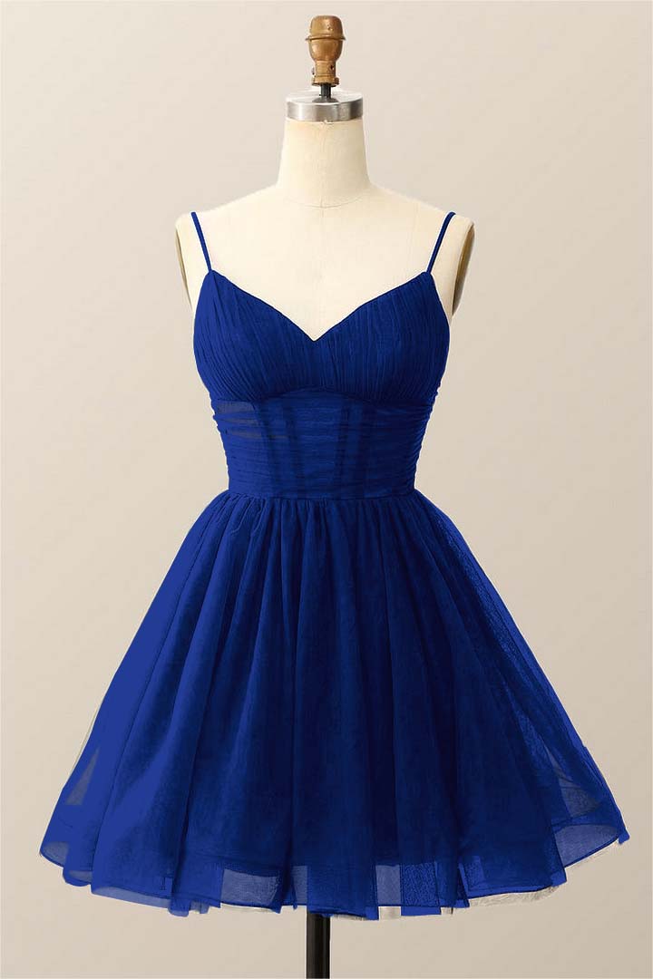 Dark Navy Tulle Spaghetti Strap Sleeveless Pleated A-Line Homecoming Dress HC0019