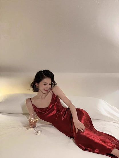 Simple Burgundy Sheath Spaghetti Strap Satin Party Dress Evening Dress SH2854