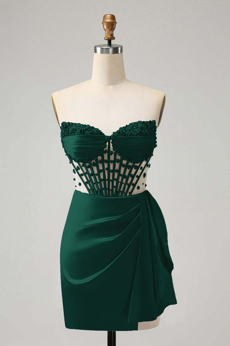 Strapless Sleeveless Pleated Short Homecoming Dress With Beading HC0131