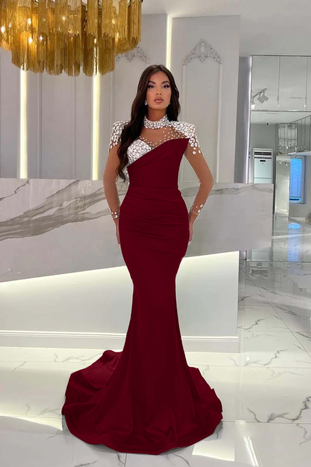 Charmeuse Dusty Blue Prom Dress Long Mermaid Tulle With Beadings YL0259