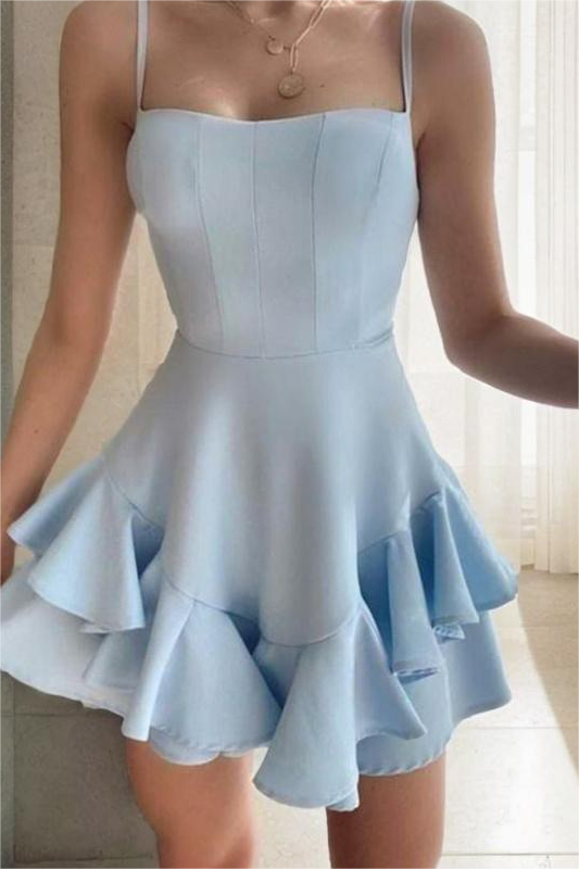 Slim Sky Blue Satin Spaghetti Strap Sleeveless Short Homecoming Dress With Ruffles HC0044