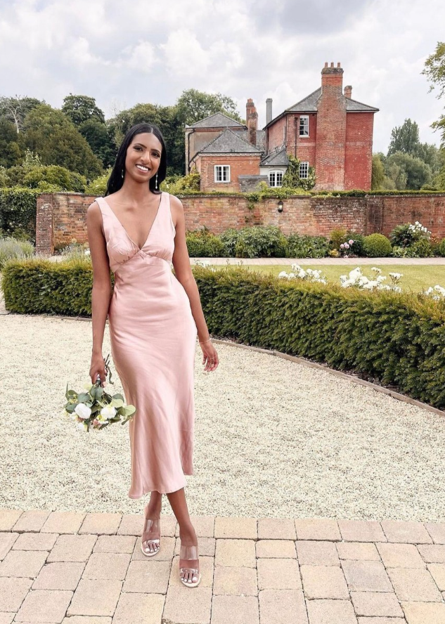 Cute Sheath V Neck Blue Satin Bridesmaid Dress Evening Dress SH2833