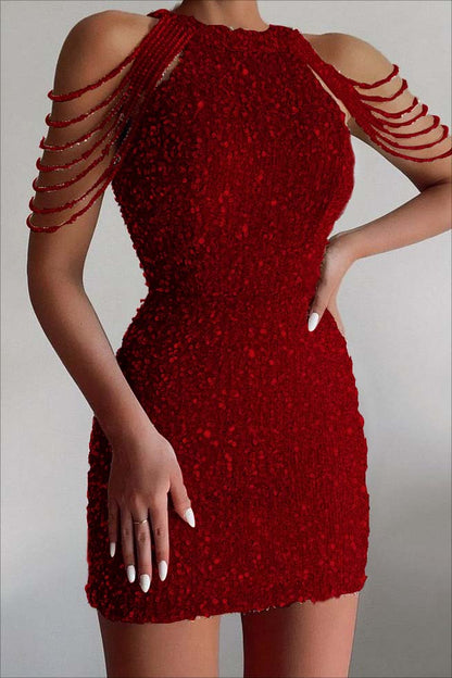 Chic Champagne Sequins Jewel Neck Sleeveless Short Homecoming Dress With Beadings HC0027