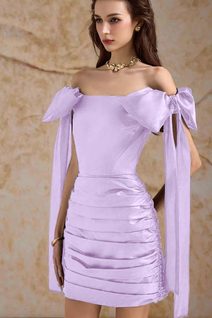 Off the Shoulder Sleeveless Short Homecoming Dress With Bowknot Pleated HC0188