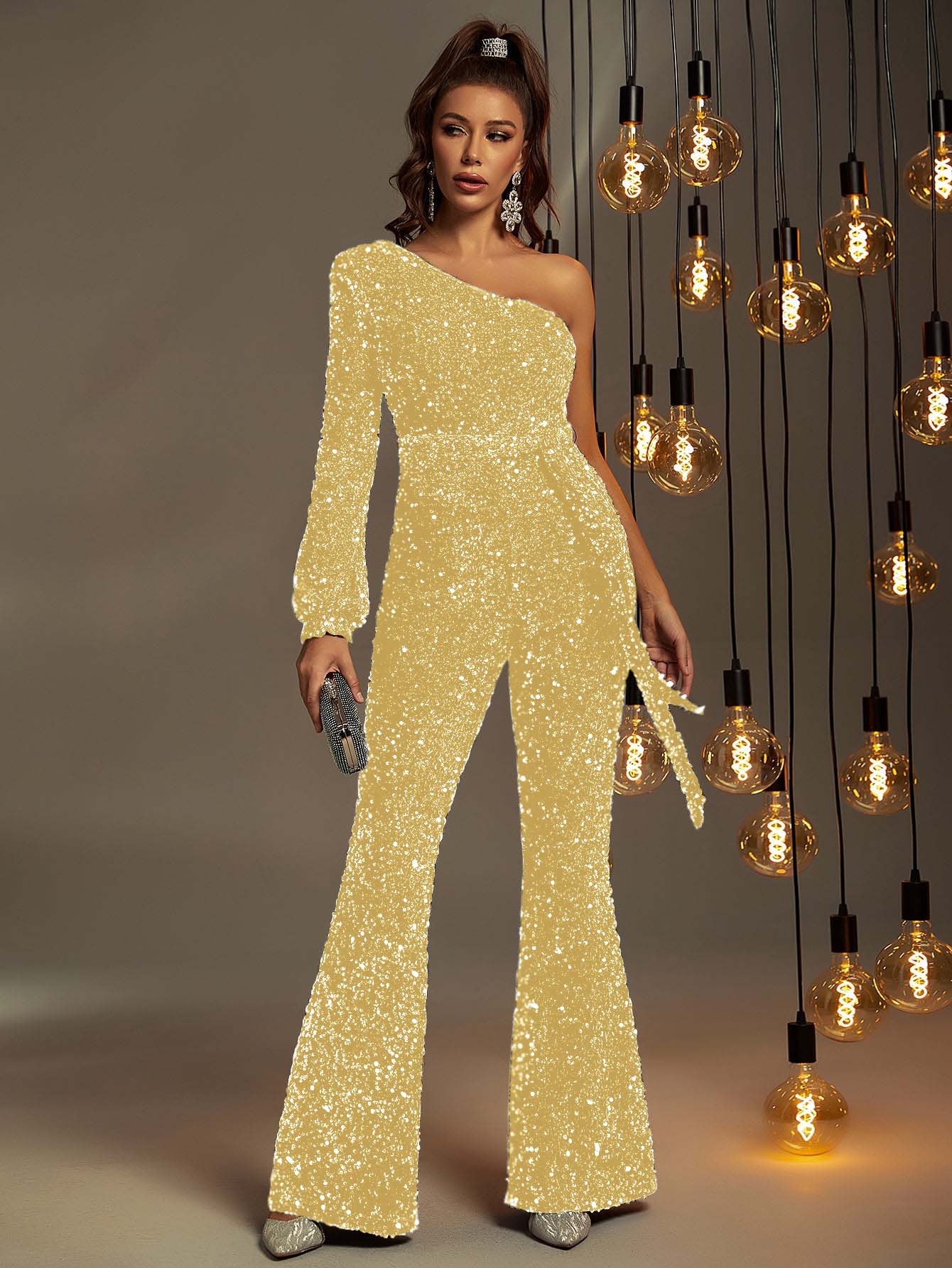Hellodresses Shining Sequins One Shoulder Long Sleeve High Waist Long Wid-Leg Jumpsuit