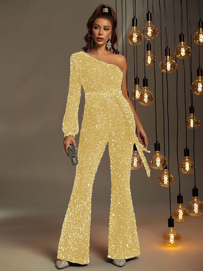 Hellodresses Shining Sequins One Shoulder Long Sleeve High Waist Long Wid-Leg Jumpsuit
