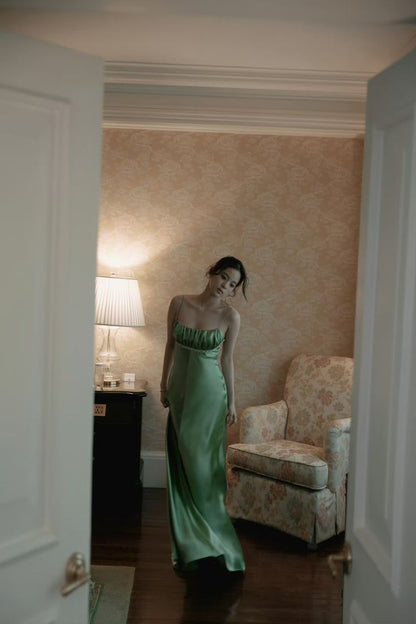 Vintage A Line Spaghetti Strap Beaded Green Satin Party Dress Evening Dress SH2864