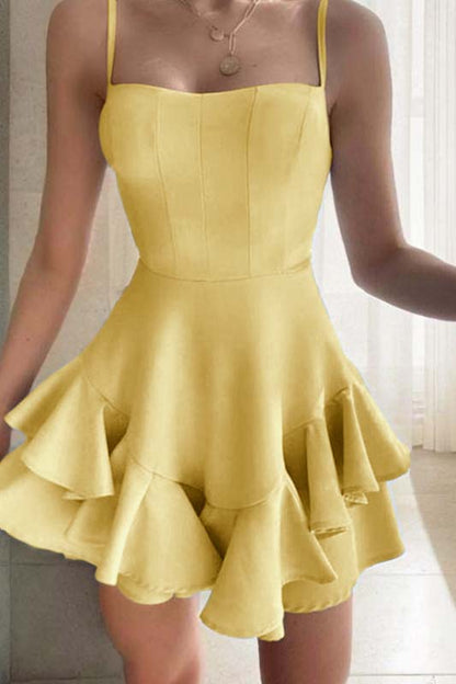 Slim Sky Blue Satin Spaghetti Strap Sleeveless Short Homecoming Dress With Ruffles HC0044