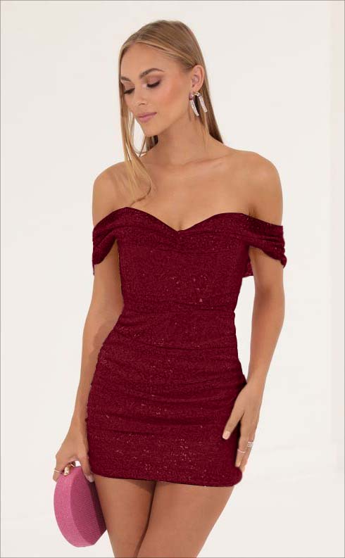 Tight Pink Sequins Off the Shoulder Strapless Pleated Short Homecoming Dress HC0010