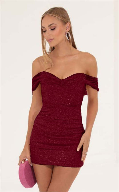 Tight Pink Sequins Off the Shoulder Strapless Pleated Short Homecoming Dress HC0010