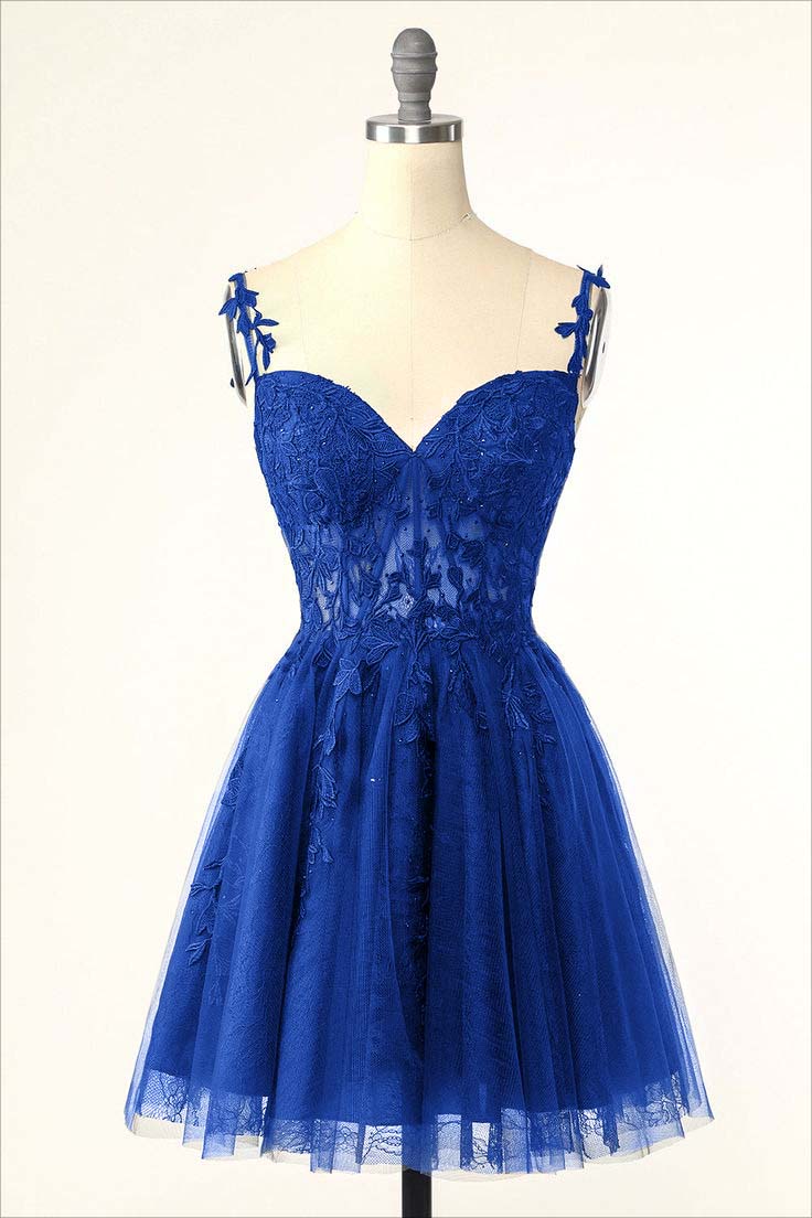 Dark Navy Tulle Sweetheart Spaghetti Strap Sleeveless Homecoming Dress With Embroidery HC0020