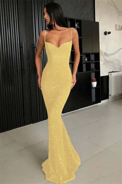 Chic Spaghetti-Straps Mermaid Black Prom Dress With Sequins | Zelldresses