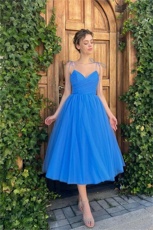 Stunning Blue Tulle Spaghetti Strap Sleeveless Short Homecoming Dress with Ruffles