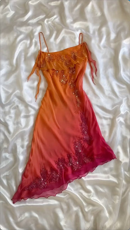 Unique Sheath Spaghetti Strap Beaded Pink Orange Ombre Chiffon Party Dress SH2711
