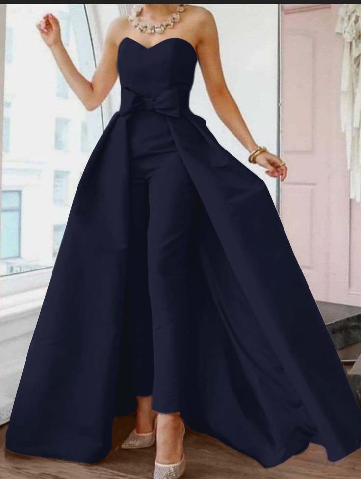 Okdais Pink Jumpsuits Evening Dresses Formal Occasion Dresses Back Sexy Engagement Sweetheart Sleeveless Detachable Bow JP0025