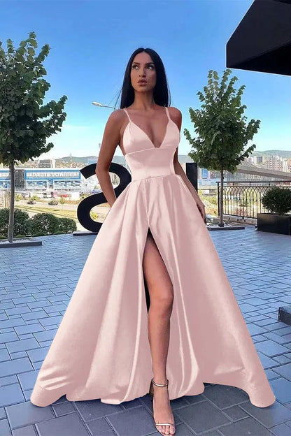 Elegant Burgundy Satin V Neck Spaghetti-Straps Long A-Line Split Prom Dress ED0113