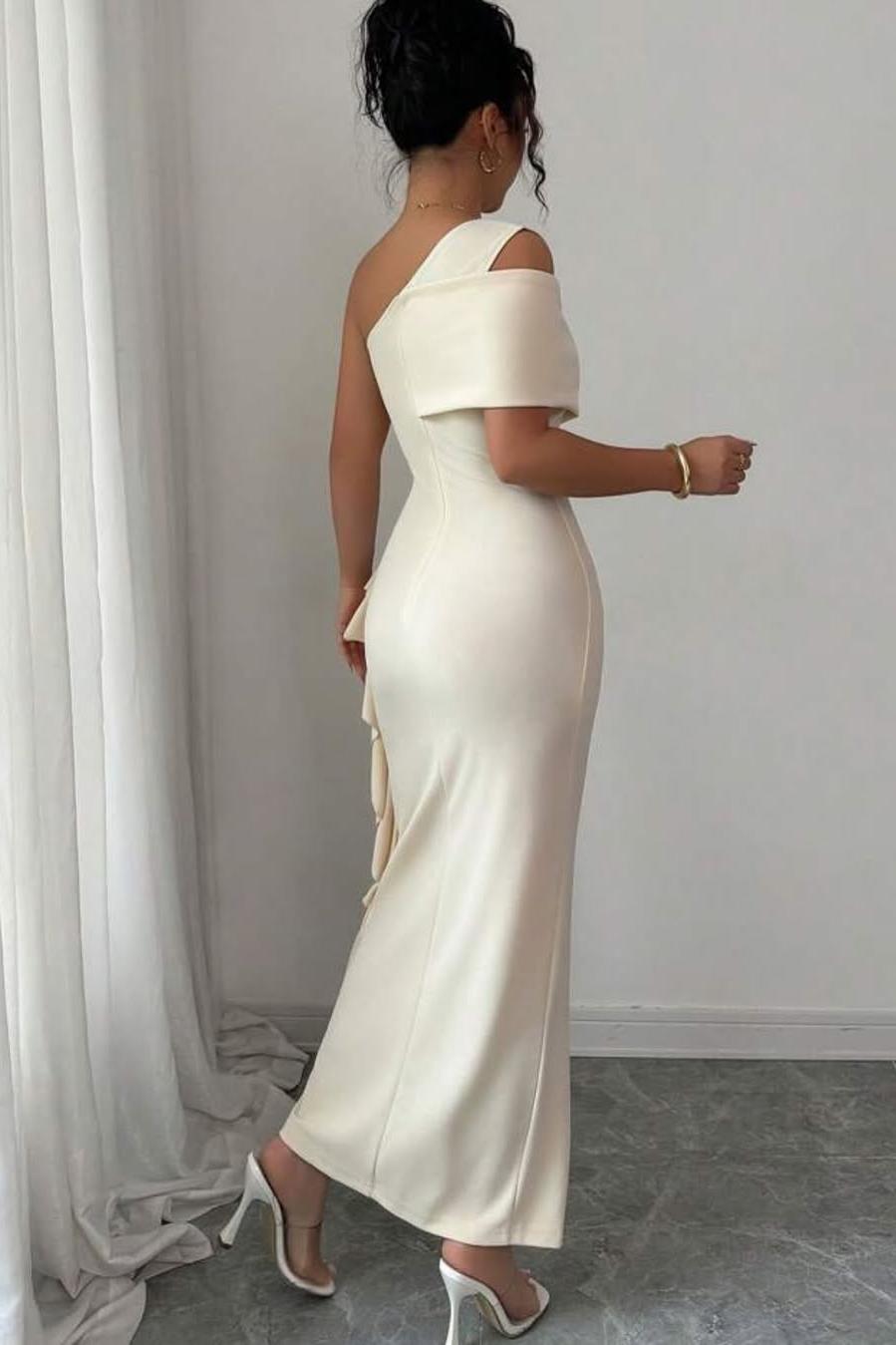 One Shoulder Sleeveless Long Split Prom Dress With Pleated Ruffles XJ0748
