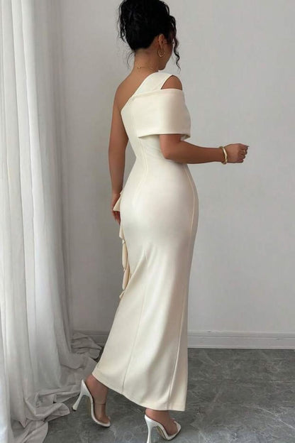 One Shoulder Sleeveless Long Split Prom Dress With Pleated Ruffles XJ0748