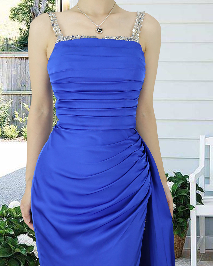 Royal Blue Prom Dress Sweetheart Long With Slit Sleeveless Pleated YX00017