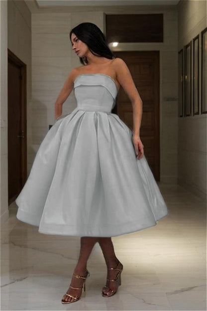 Charming Satin Strapless Sleeveless A Line Short Homecoming Dress with Pleated