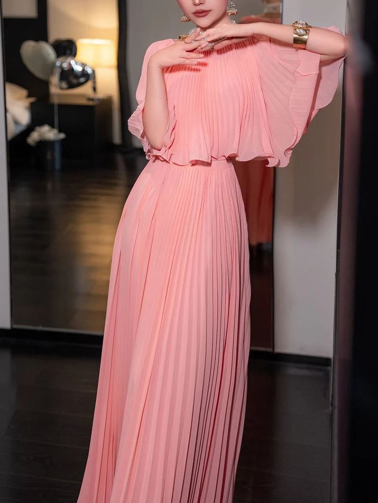 Gentle A Line Round Neck Blue Pleated Chiffon Long Evening Dress Party Dresses SH2905