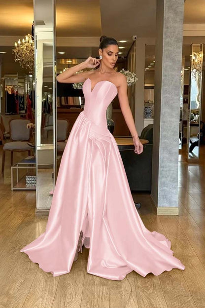 Glamorous Red Satin Sweetheart Sleeveless Split Prom Dress with Pleated | Zelldresses