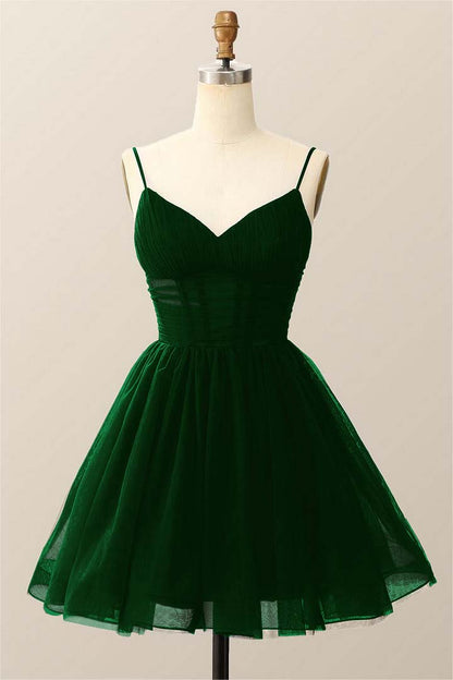 Dark Navy Tulle Spaghetti Strap Sleeveless Pleated A-Line Homecoming Dress HC0019