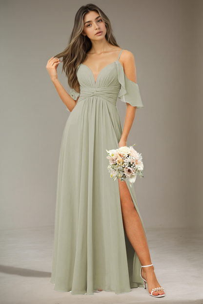 Flowing Straps Sleeveless Bridesmaid Dresses Floor Length with Split CK01