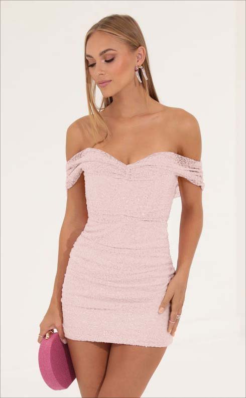 Tight Pink Sequins Off the Shoulder Strapless Pleated Short Homecoming Dress HC0010