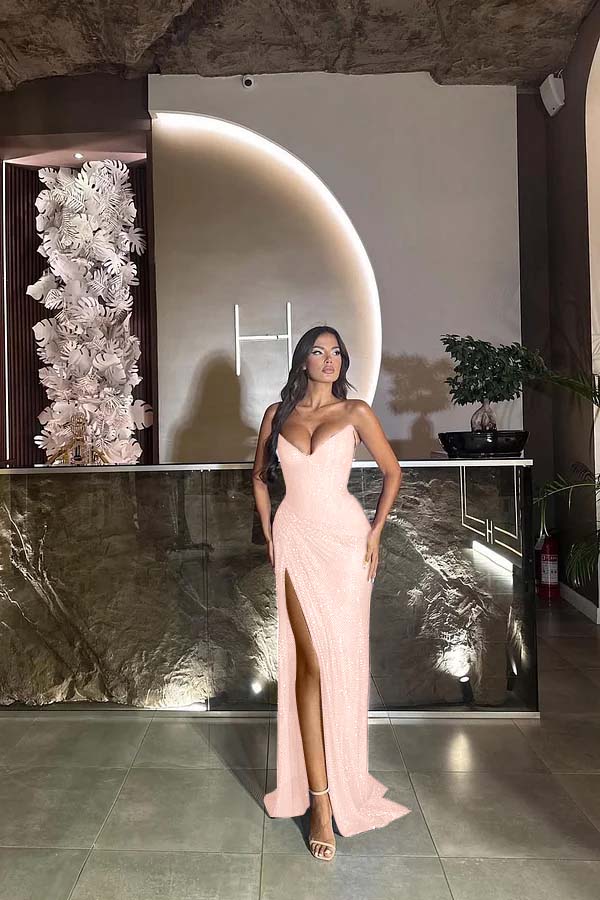 Sequin Strapless Sleeveless Long Split Prom Dress With Pleated ZT0524