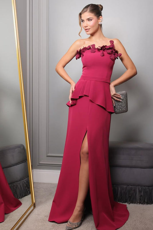 Glamorous Fuchsia Satin Applique Strapless Sleeveless Split Prom Dress | Zelldresses