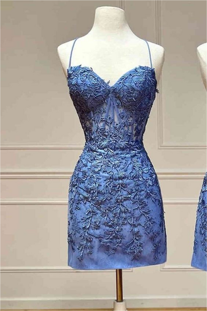Exquisite Navy Blue Applique Spaghetti Strap Sleeveless Short Homecoming Dress