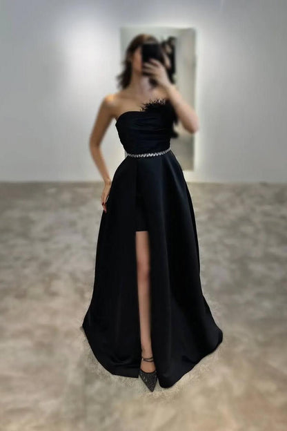 Beautiful Black Satin Sleeveless Strapless Long Split Prom Dress with Feathers | Zelldresses