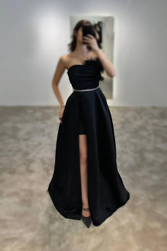 Beautiful Black Satin Sleeveless Strapless Long Split Prom Dress with Feathers | Zelldresses