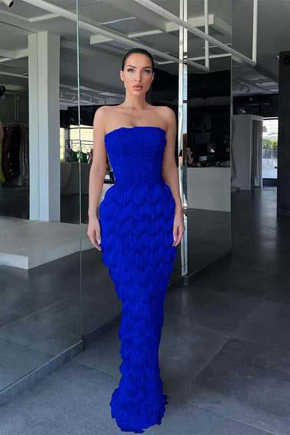 Charming Blue Prom Dress Off-the-Shoulder with Feather Beadings ED0535