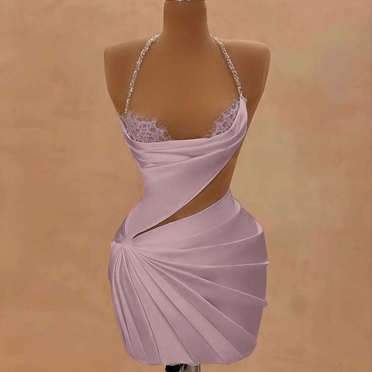 Halter Sleeveless Short Homecoming Dress With Beading Pleated HC0155