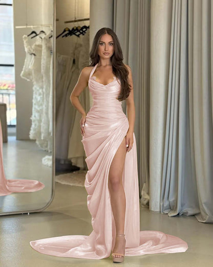 Chic Halter Sleeveless Long High Split Prom Dress With Pleated YK0277