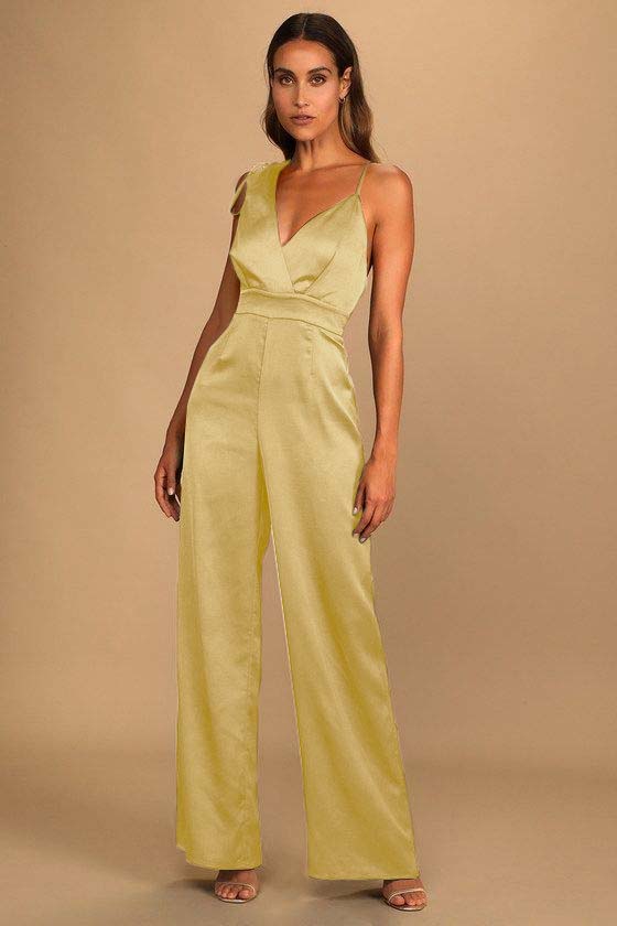 Hellodresses Chic Satin Dark Green Spaghetti Strap Sleeveless V-Neck Wide Leg Jumpsuit