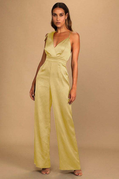 Hellodresses Chic Satin Dark Green Spaghetti Strap Sleeveless V-Neck Wide Leg Jumpsuit